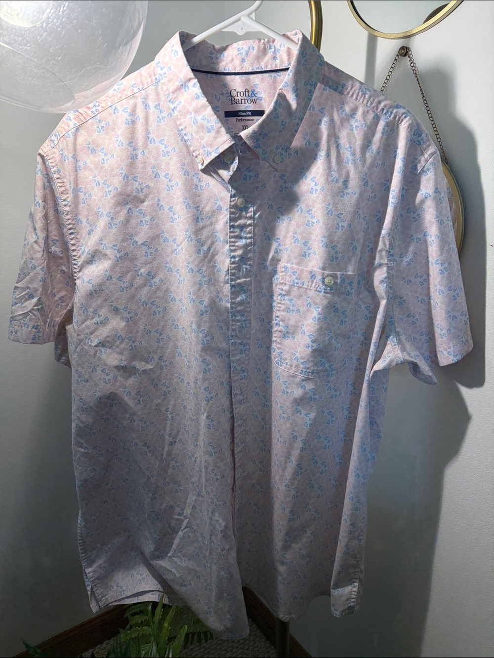 croft & barrow Light Pink Short-Sleeve Button-Down with Blue Floral Print